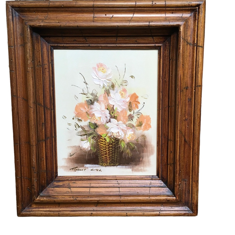 Vintage 80’s Oil Painting Basket Of Peach Flowers Signed Framed 16” X 14”